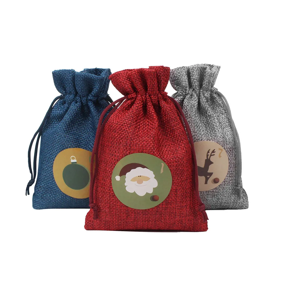 Christmas set Linen bundle Pocket Christmas Calendar hang bag Packaging Gift Drawstring bag custom LOGO