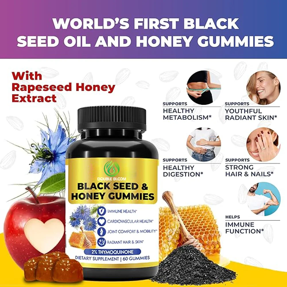 BLACK SEED OIL & HONEY GUMMIES W/ 2%+ THYMOQUINONE | Nigella Sativa Seeds| Super antioxidant for Immune Support, Digestion