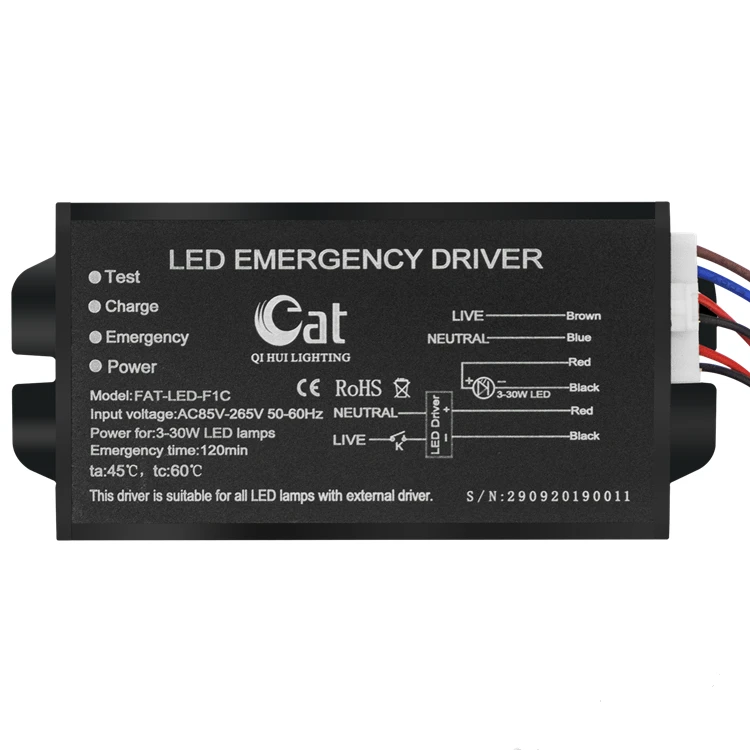 CE & Rohs Certified Black LED Emergency Power Supply Kit with IP 30 Aluminium Material for 3-45w Lamps