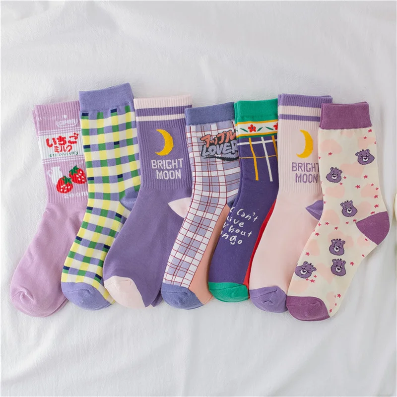 Women Fashion Cartoon Cotton Cute Ankle Socks Japanese Korean Streetwear Female Purple Socks