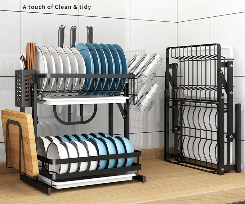 2 Tier Dish Rack, Dish Drying Rack Kitchen Organizer with Drain Board