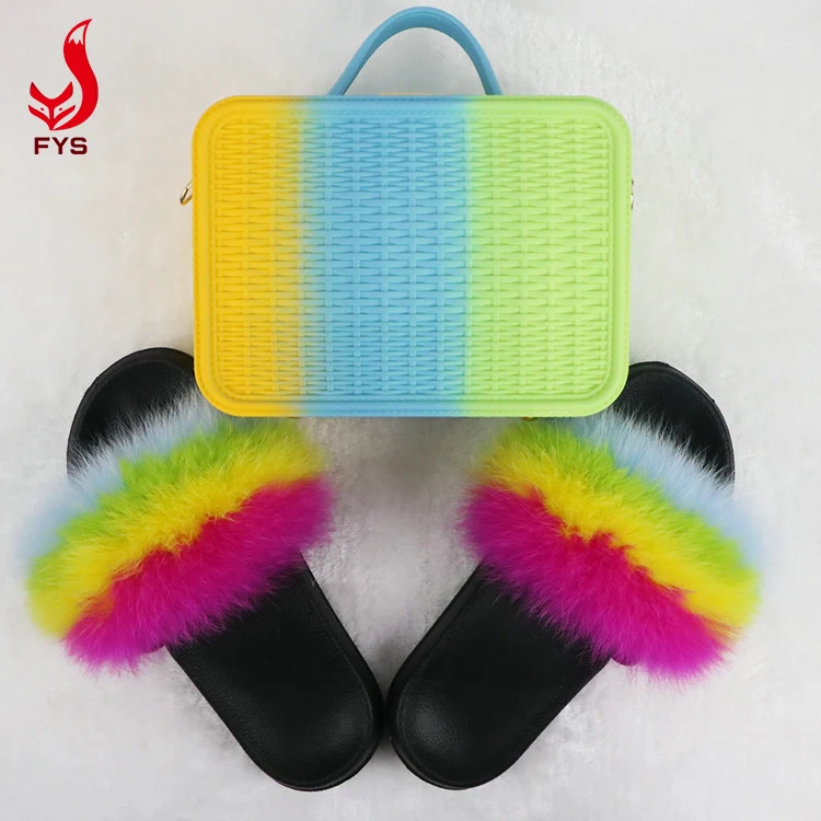 
Multi colors styles women jelly custom color fox fur slippers matching fuzzy slides with purse 