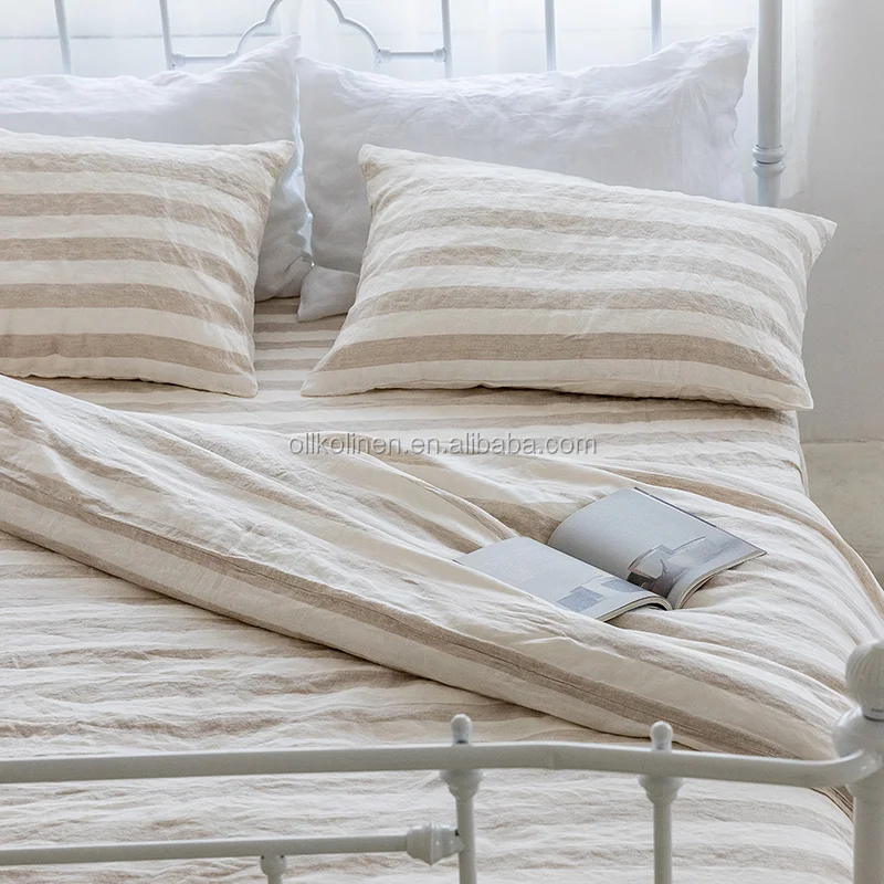 stripe hotel bedding set stone washed king size  belgium pure  french 100% linen flux sheet sets