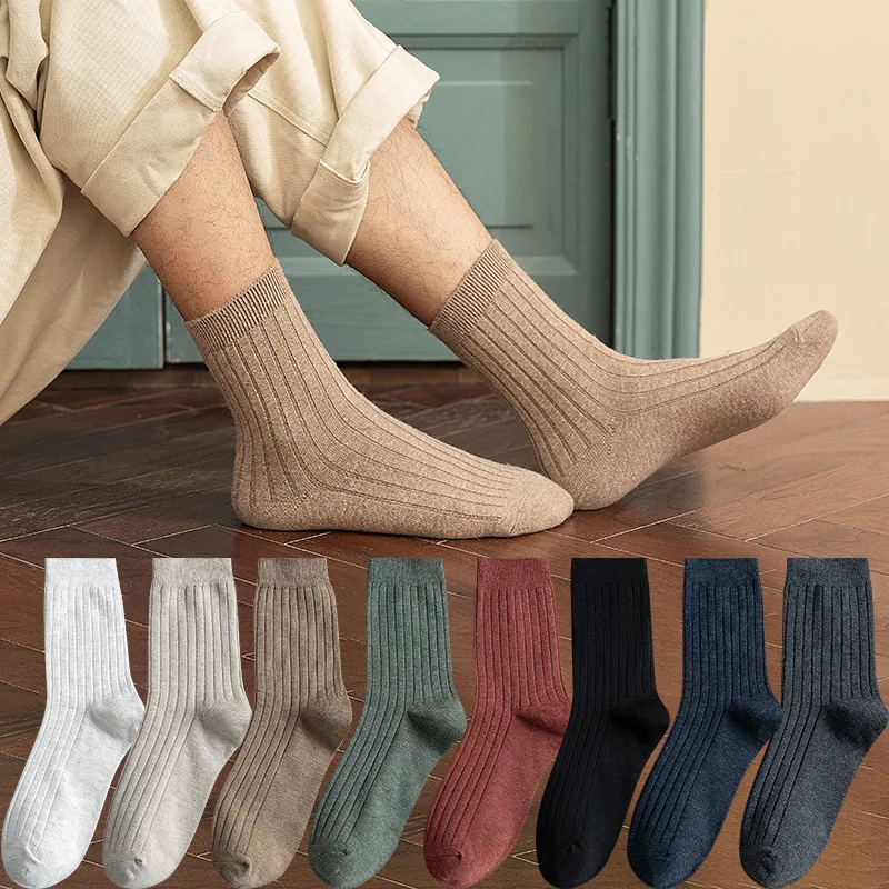 Wholesale Men Dress Socks Cotton Pure Color Retro Style Men Business Stockings Solid Color Mid Crew Socks