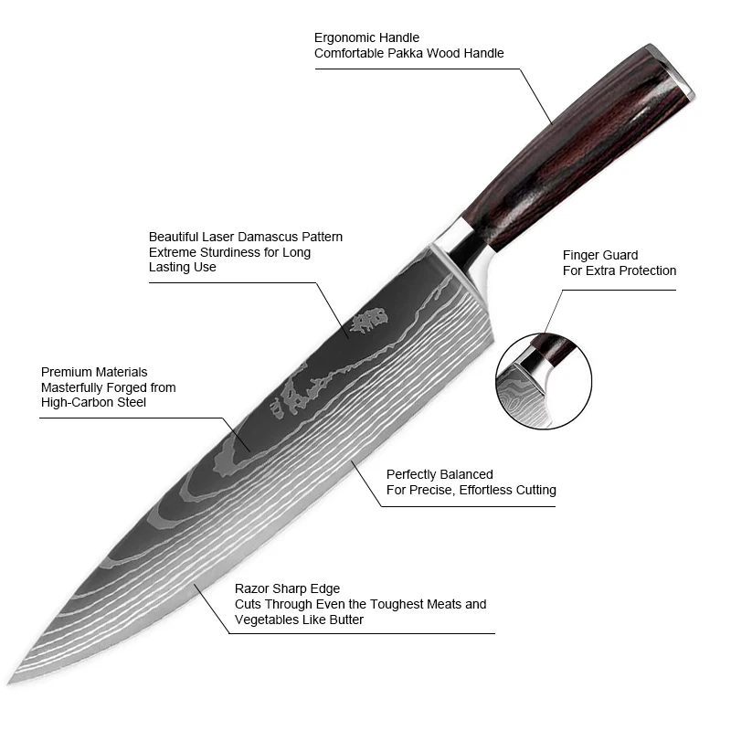 TOALLWIN cuchillo damascus laser pattern kitchen knife block set pakka wood handle knives set japanese chef kitchen knife set