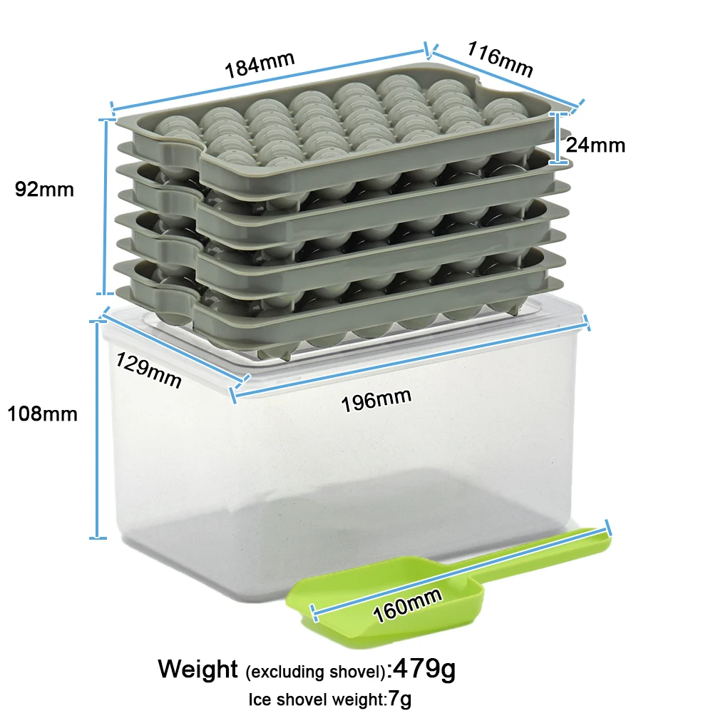 New Design 4 Pack  Plastic Mini Round Ice Cube Tray Easy Release Ice Ball Maker Mold with Bin and Scoop for Freezer