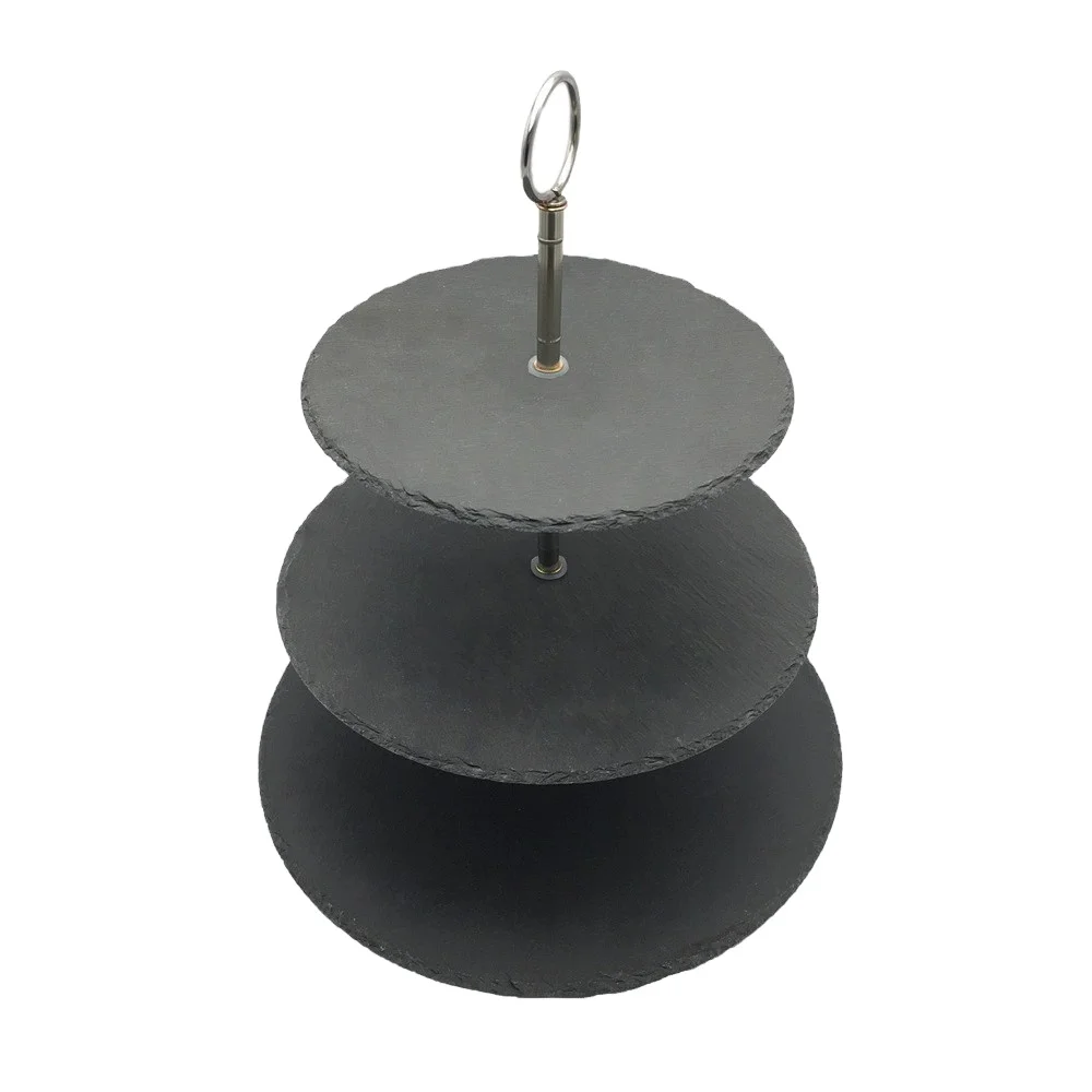 Round shape rough edges 3 Tier Zinc alloy holder Black Slate Dessert Wedding Cup Cake Stand