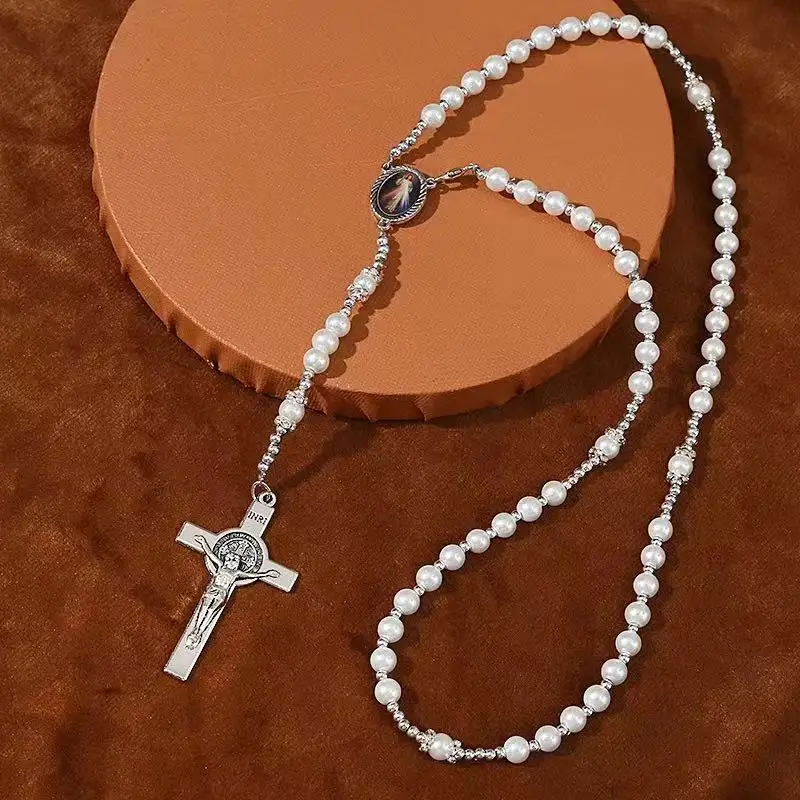 Steel Wire Braid Pearl Central Rosary Sacred Heart Virgin Mary Heart Icons Center Ceremony Jewelry Baptism Rosary