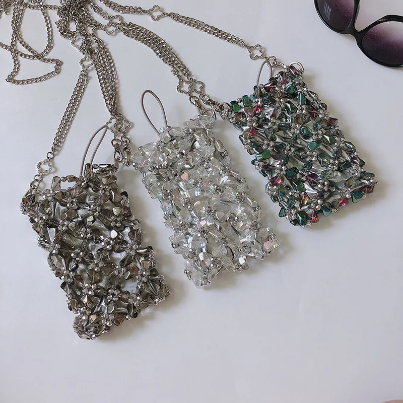 2024 new Acrylic handmade beaded handbag Clear PVC woven bag hollow Illusionary Alien crystal bead weaving small mobile bag