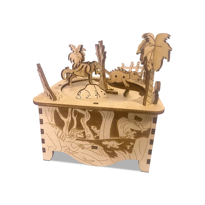 Wholesale Custom Cartoon Dinosaurs World Wooden Music Box 3D Puzzle Jigsaw Wood Dinosaur Toy DIY Creative Crafts Birthday Gifts