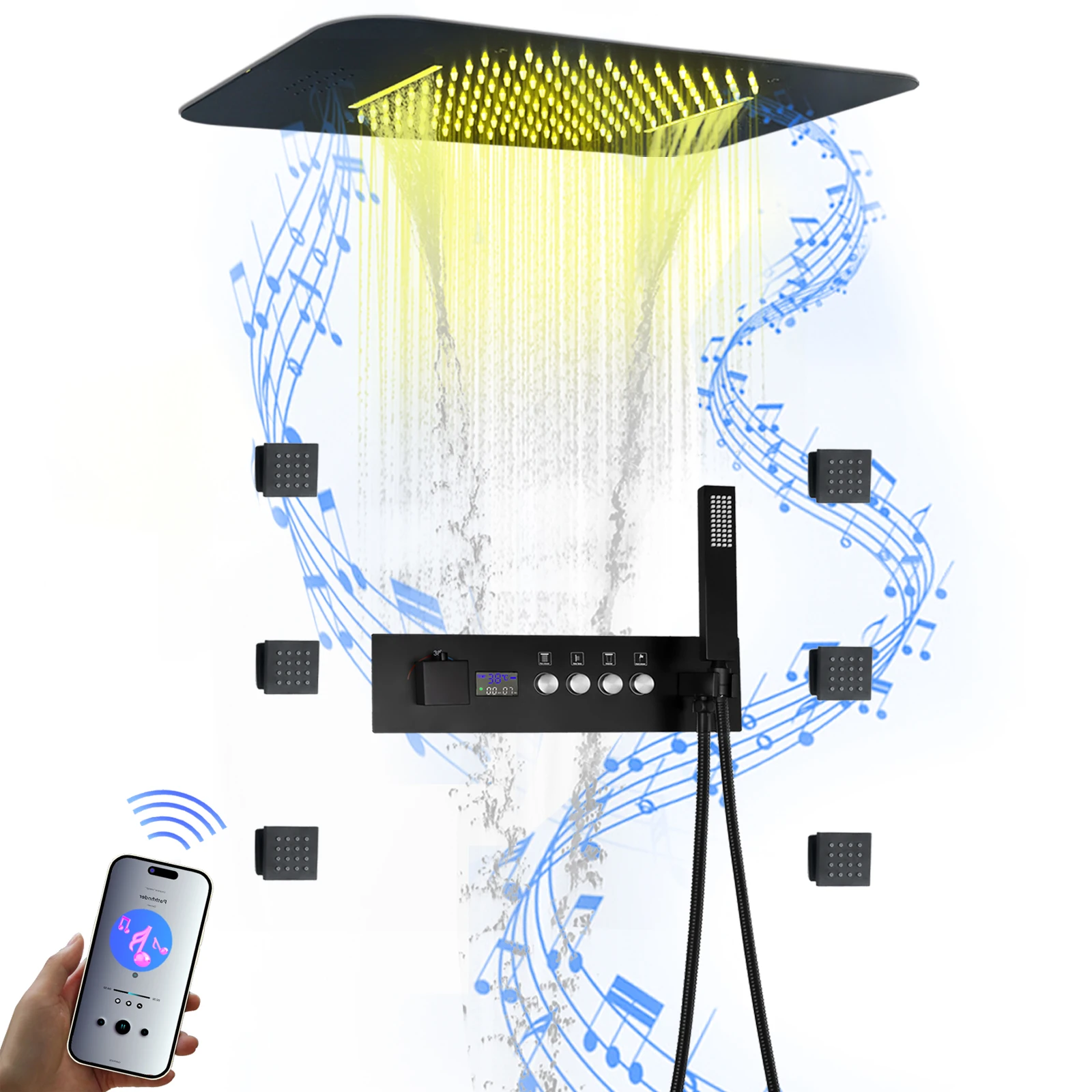 Ceiling Mounted LED Shower Head 23*15 Inch Build-in Music Speaker  Thermostatic Shower Valve Bathroom Shower Faucet Set