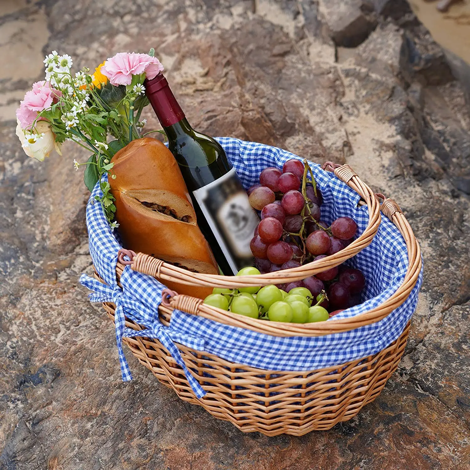 Picnic Basket Natural Woven Woodchip with Double Folding Handles