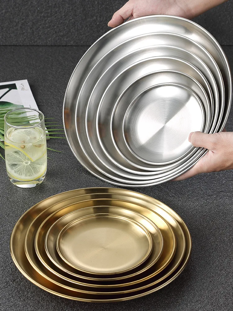 Restaurant Tableware Stainless Steel Dish Plate BBQ Round Tray Serving Plate
