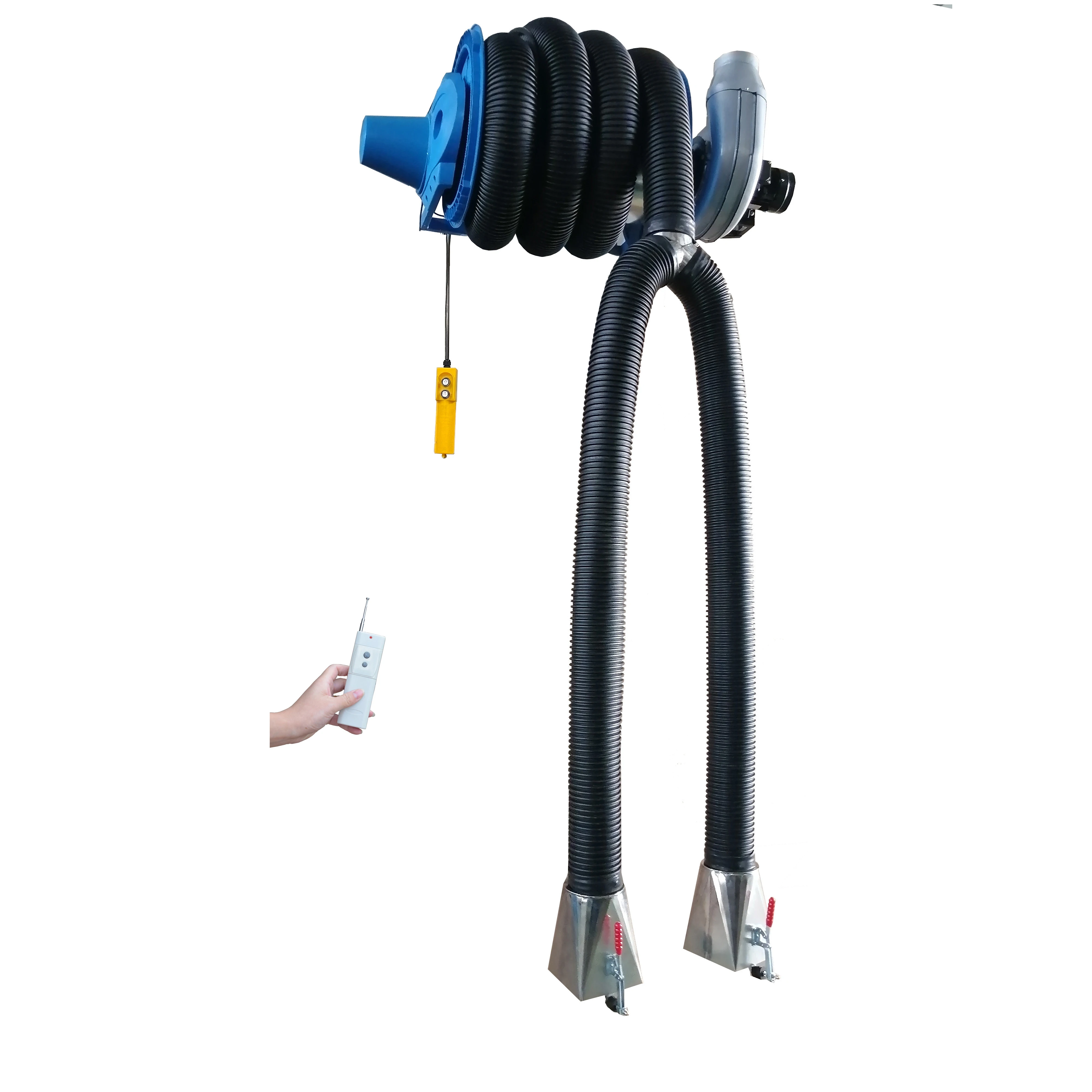 Motorized fume and gas exhaust hose reel with powerful exhaust fan