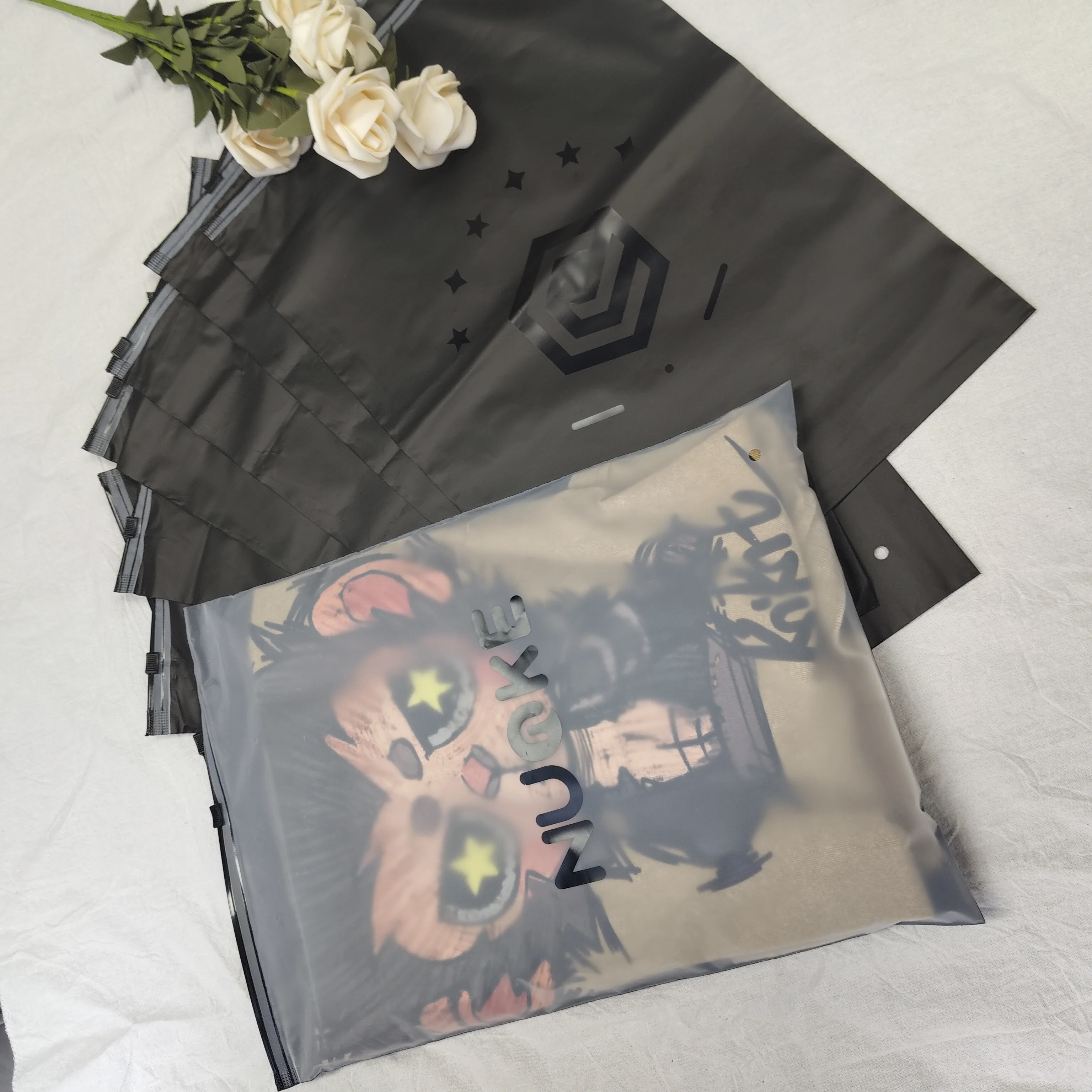 Custom own logo printed clothing garment clothes t shirt packing  zipper frosted plastic packaging bag