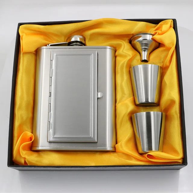 Creative Black PU Leather personalised 6oz 5oz stainless steel hip flask set whiskey liquor bottle with Funnel Cigarettes Case