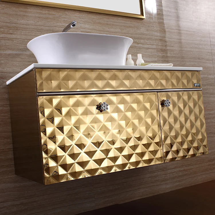 Luxury Royal Classic Gold Bathroom Waterproof Make Up Vanity Cabinet Units with Marble Countertop Single Sink for Home Furniture