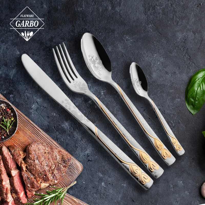 Luxury Cutlery Set Stainless Steel 18/10 Flatware Vintage Wedding Gold Cutlery with custom laser logo on spoon