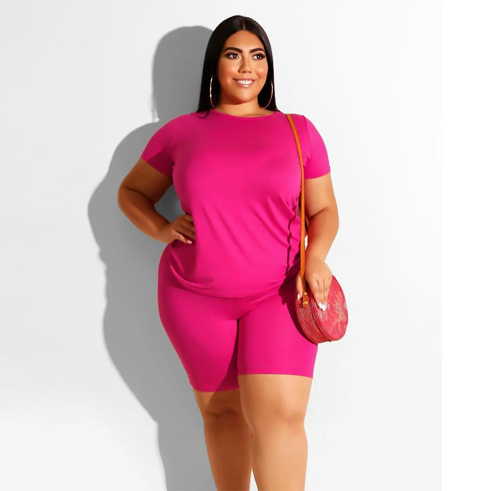 2020 Hot Sale Solid Color Custom Skinny Short Sleeve Two Piece Short Sets Plus Size