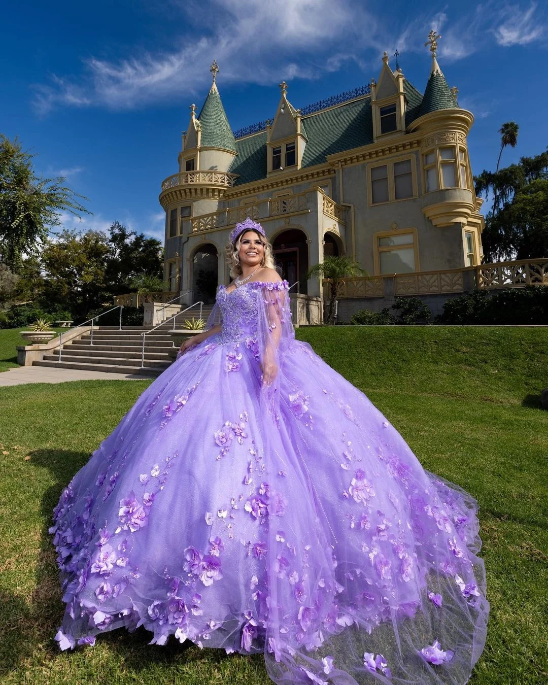 Mumuleo Cape Sleeve Lilac Quinceanera Dress 3D Flowers Wear Pageant 2024 Ball Gown Princess Dresses Sweetheart Sweet 15 Gowns