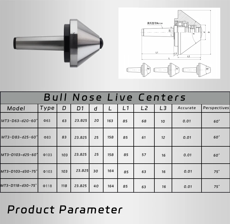 MT5*120 MT5*200 MT5*250 pipes live centers with 75 Degree cnc live centersHot Sales bull nose live center