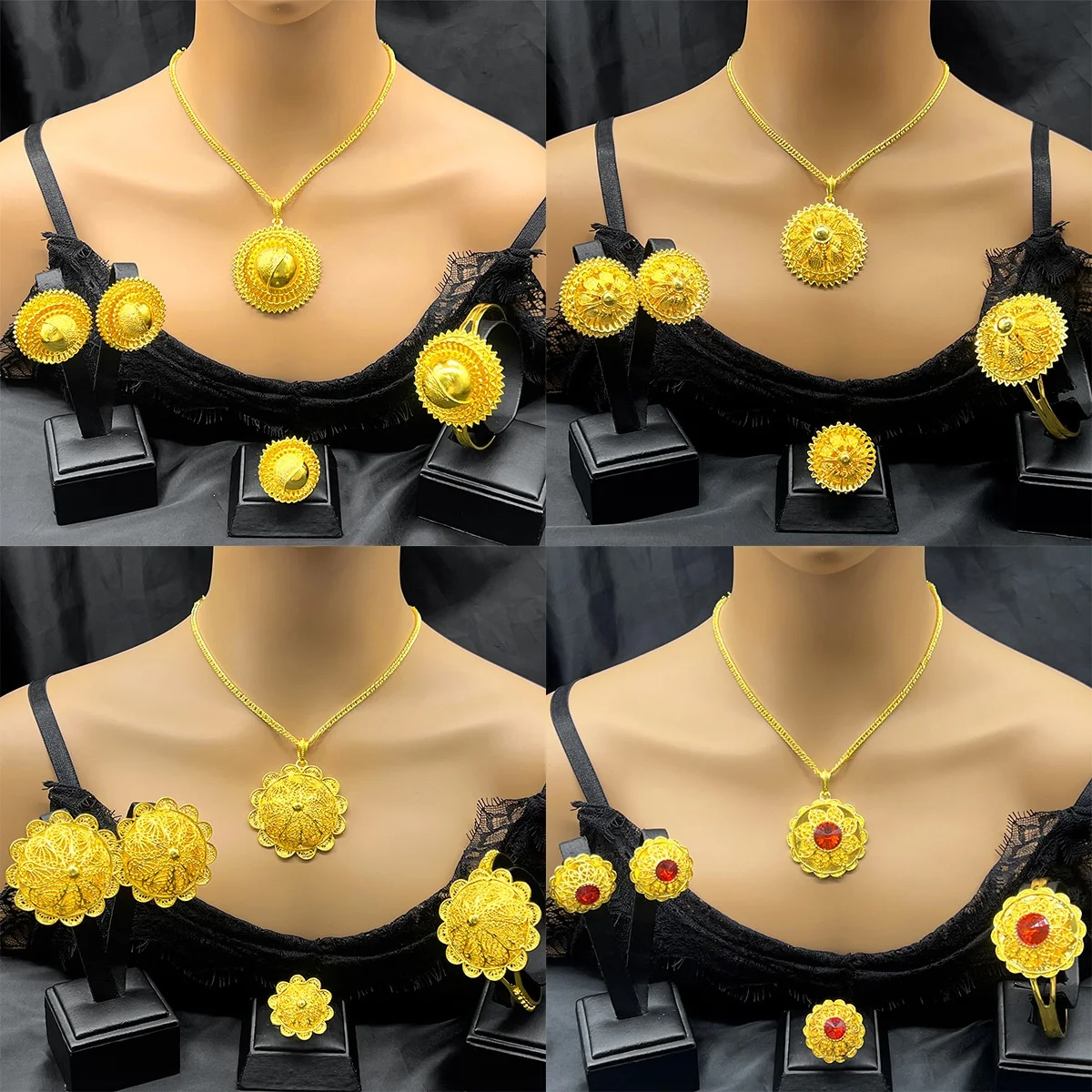 Ethiopian Bridal Jewelry Sets For Women 24K Gold Color Necklace Earrings Bracelet Ring Habesha Brazilian Wedding Jewellery