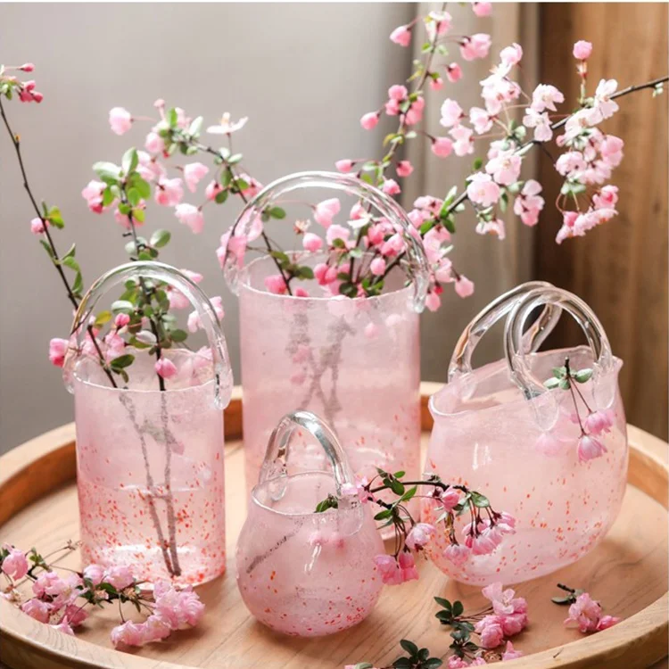 Bixuan Mouth-blown Art Glass Vase Handbag Bucket Flower Arrangement Vase Table Decor Centerpiece Pink Ceramic Powder Glass Vases