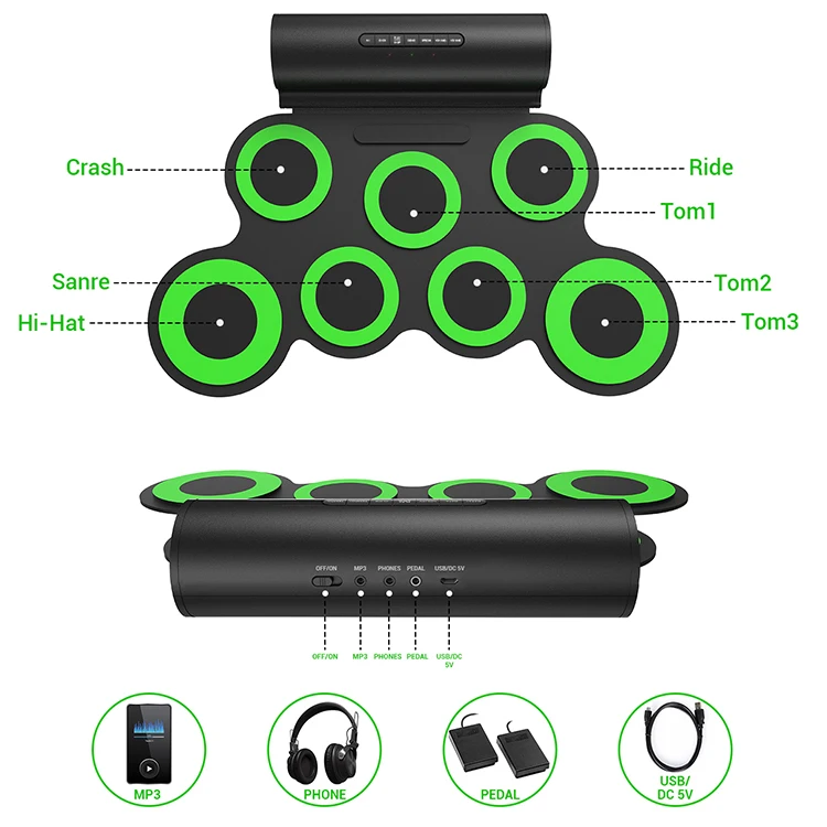 
Professional Small Pads Cable Usb Midi Sticks Silicone Portable Rolling Snare Shell Drum 