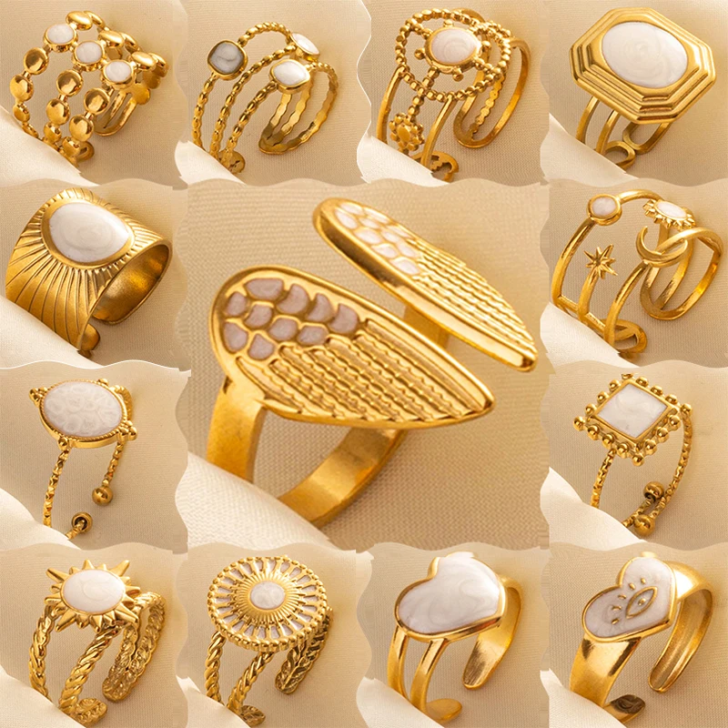 New Trendy White Enamel Chunky Knuckle Golden Ring for Women Heart Shaped Round Winged Finger Rings Ladies Jewelry Gifts