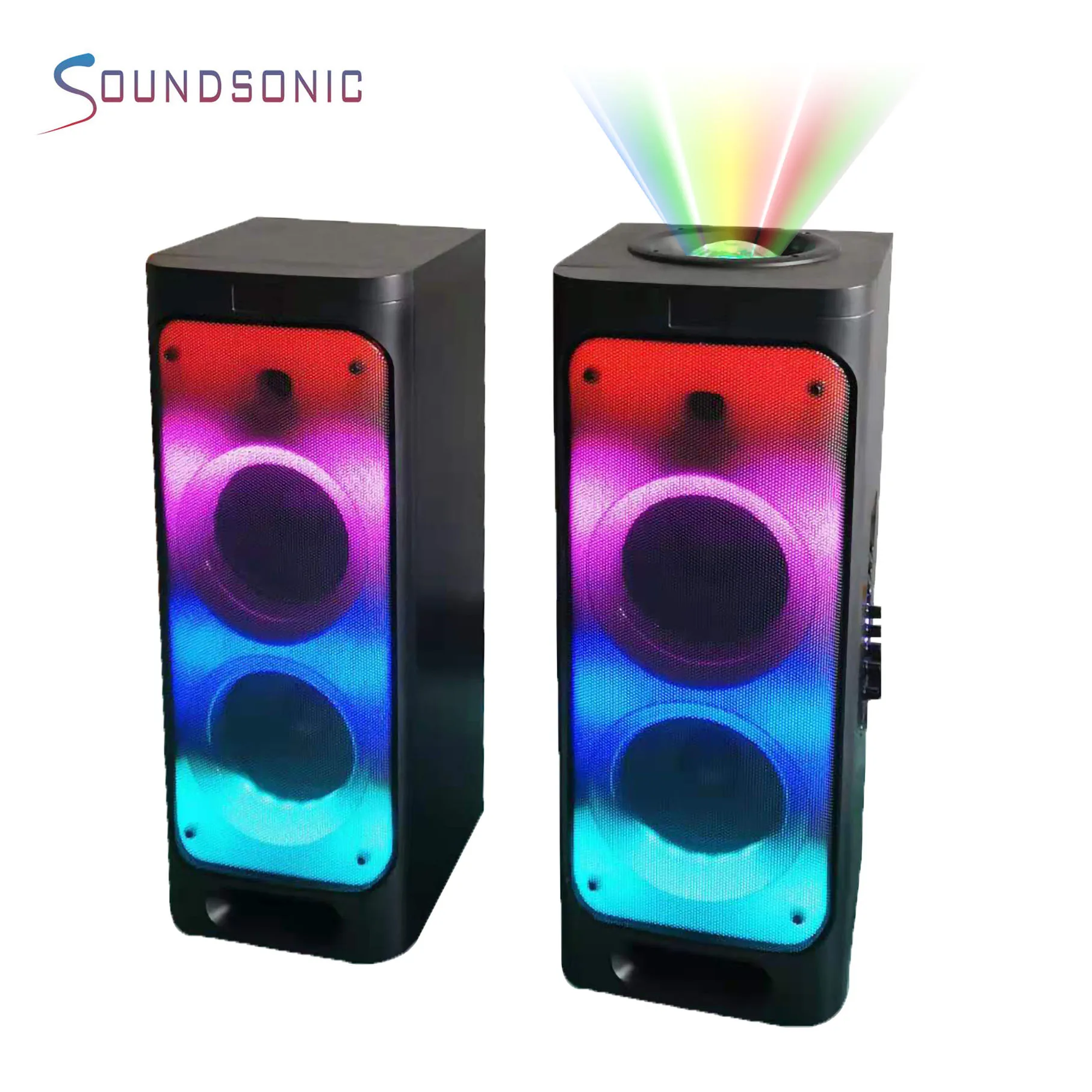 Hot sale big power stage speaker double 8 inch woofer active speaker with flame light bt radio sd