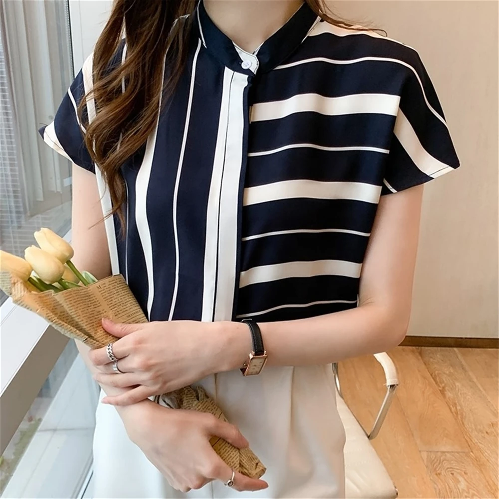 Wholesale New Arrival Oem Blouses Shirts Short Sleeve Summer Striped Chiffon Blouse Women Shirt Tops Ladies