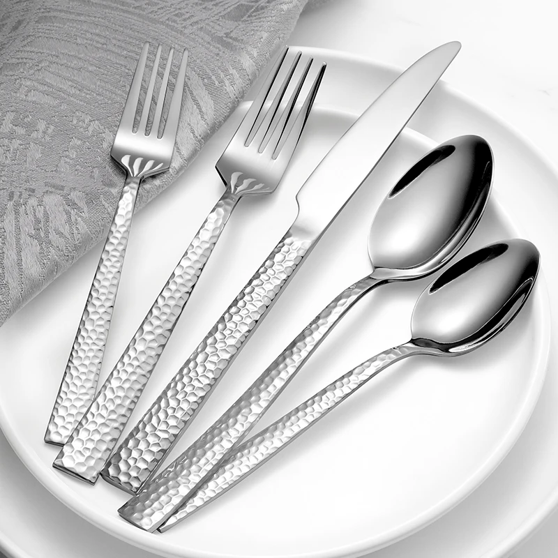 Trending Product Wholesale Mirror Polish Hammered Design Stainless Steel Spoon And Fork Flatware Set Silverware Cutlery