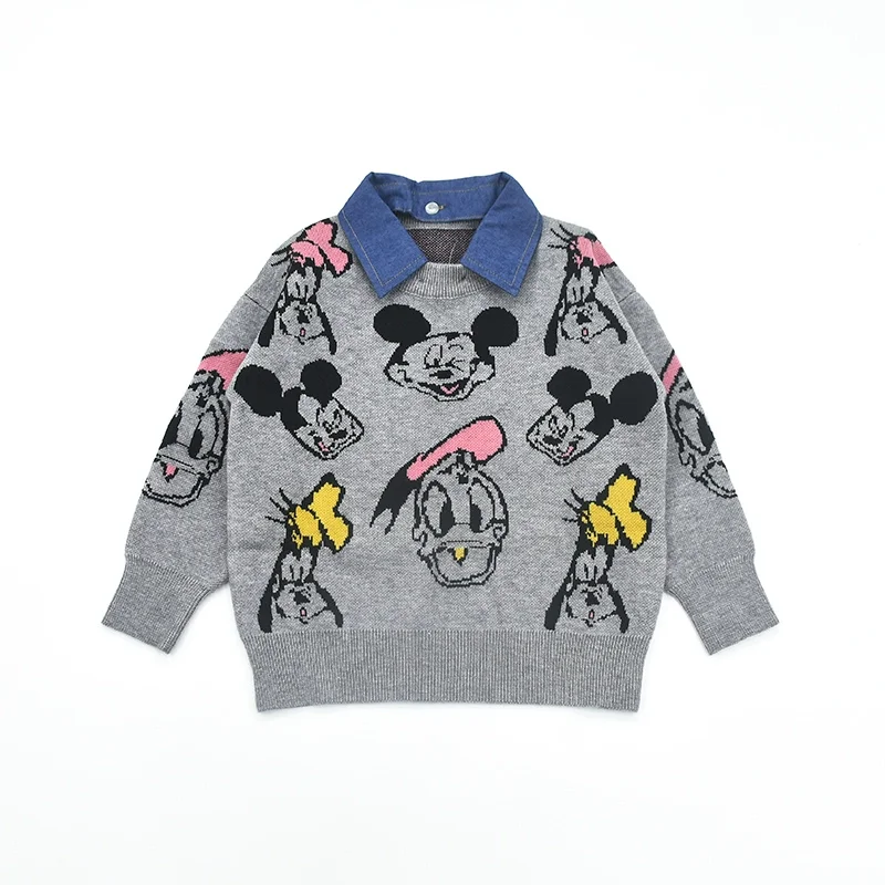 Baby cotton custom  cartoon pattern knit pullover with removable denim collar