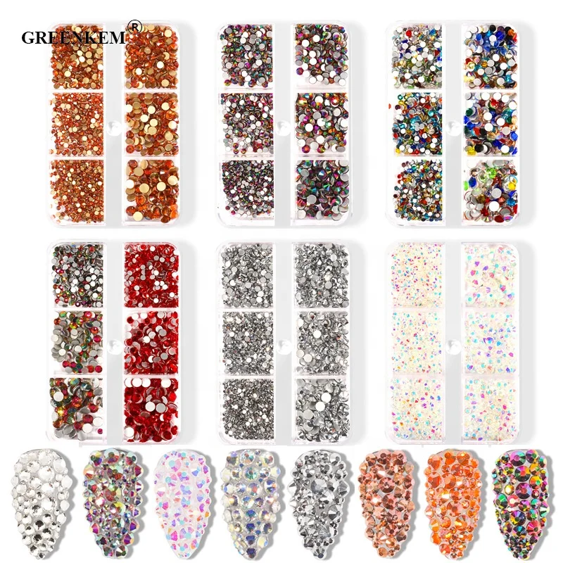 GREENKEM Crystals Kinds Of Color Nail Rhinestone Flat Bottom Multi-size Crystals Strass Gem Nail Art 3D Decoration