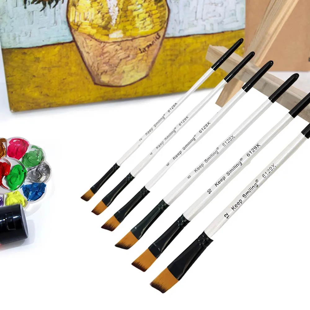 Keep Smiling 6pcs Nylon Hair White Handle Paint Brush For Watercolor Acrylic Art Supplies