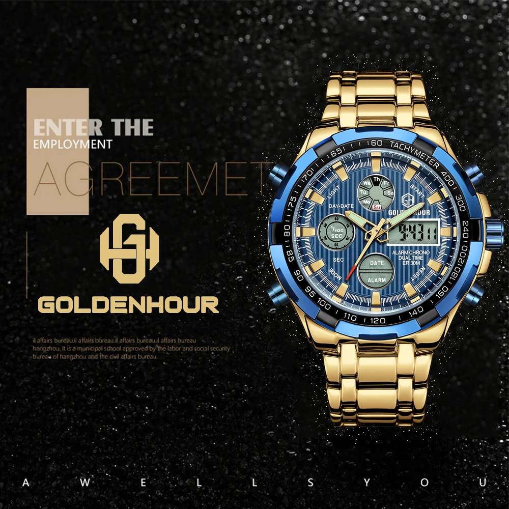 Кварцевые часы GOLDENHOUR GH108, роскошные брендовые наручные часы, Лидер продаж, цифровые спортивные часы, деловые мужские часы Waterproo