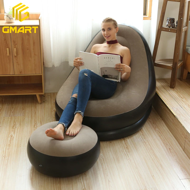 Gmart Pink Flocked Pedals Air Pvc Living Room Furniture Flocking Bbl Relax Inflated Sofa Set Furniture Inflatable Chair Sofas