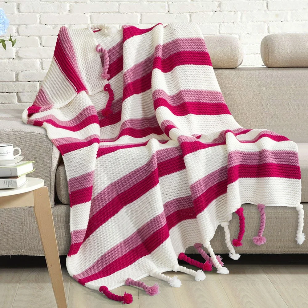 Home textile heavy knitted blankets handmade fringe striped blankets
