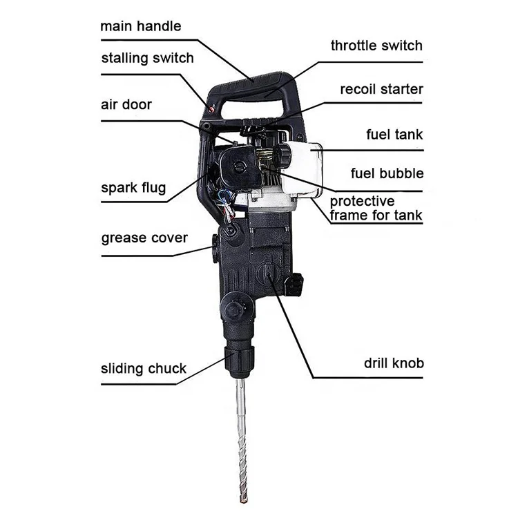 Бензиновая буровая машина, 2 функции, бензиновая аккумуляторная молотковая дрель для разбивания камней, бетона, сломанная с буровыми сверлами