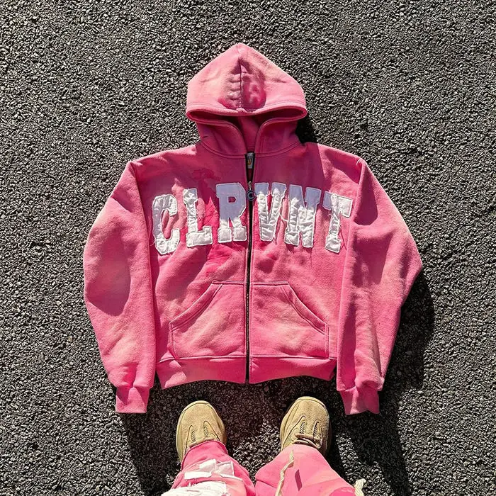 High Quality Heavyweight Cotton French Terry Custom Zip Up Distressed Acid Washed Sun Fade Men Vintage Hoodie