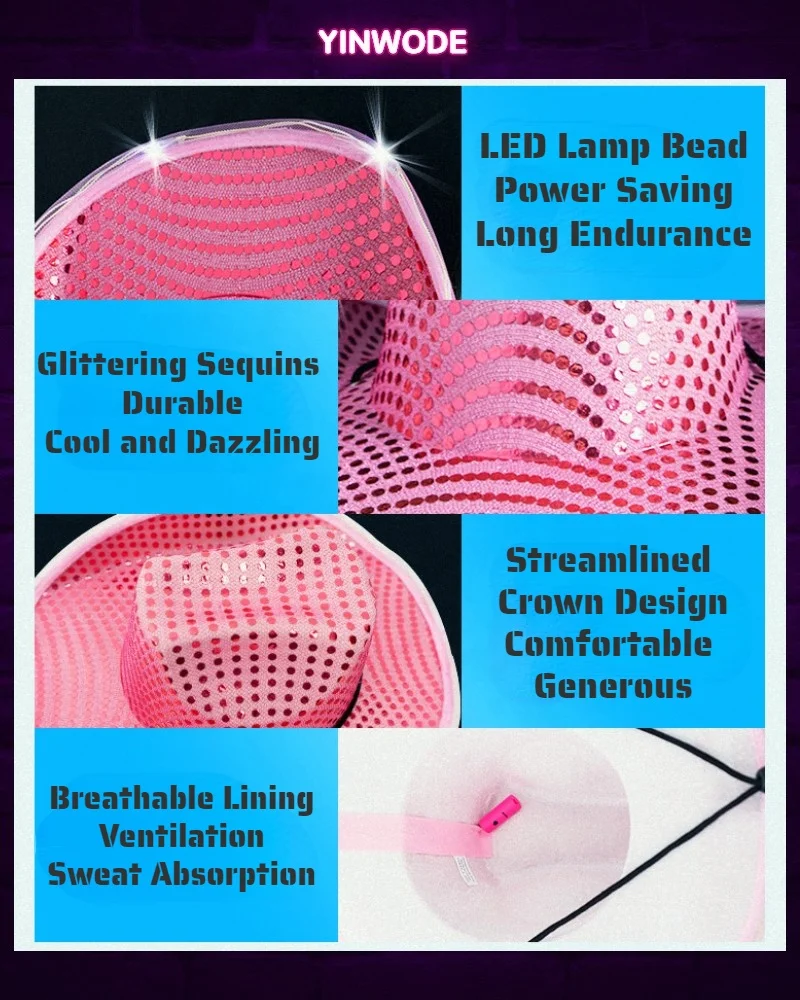 Wholesale fashion  unformed shiny jazz hat glitter holiday party design your own neon light up cowboy HAT girl for men SALE