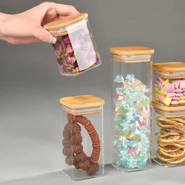 Factory BPA Free Glass Food Storage Jar with Airtight Bamboo Lids for Pasta, Cookies,  Coffee Beans, Cereal, Glass Canisters