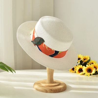 Fashion Summer Casual Outdoor Party Beach Sunshade Leaf Print Ribbon Stripe Sun Hat Flat Top Straw Boater Hats for Men Women