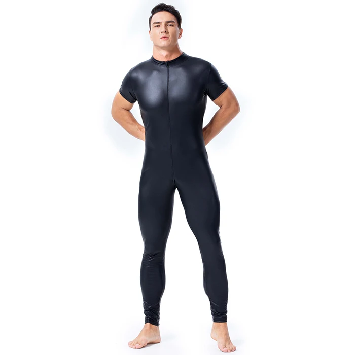
Wonder Beauty Mens Faux Leather Jumpsuit Short Sleeve Skinny Vinyl Body Suit Gay Clubwear 
