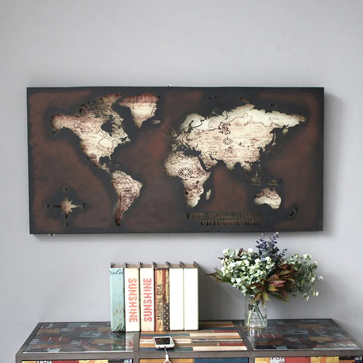 World Map Wrought Iron Industrial Style Office Pendant Bar Decorative Wall Hangings Interior Metal Handicraft Home Decorations