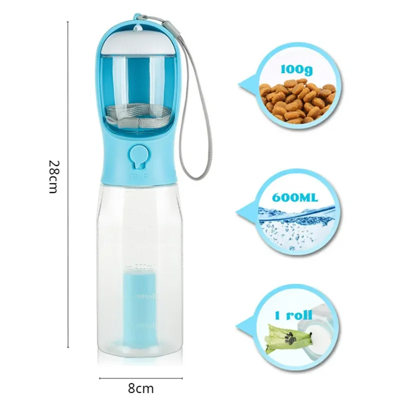 Hot selling 600ml cat water feeder drink cup 3 in 1 dog traveling food water bottle for Walking