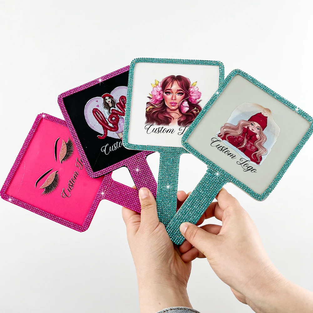 mink eyelash makeup mirror custom logo hand held Pocket Makeup Mirror Vanity  mini Mirror With Handle