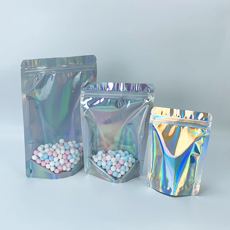 Holographic Mylar Ziplock Bags/ Aluminum Foil Hologram Food Pouch/ Stand up Zipper Reclosable Holographic Bag with Zip