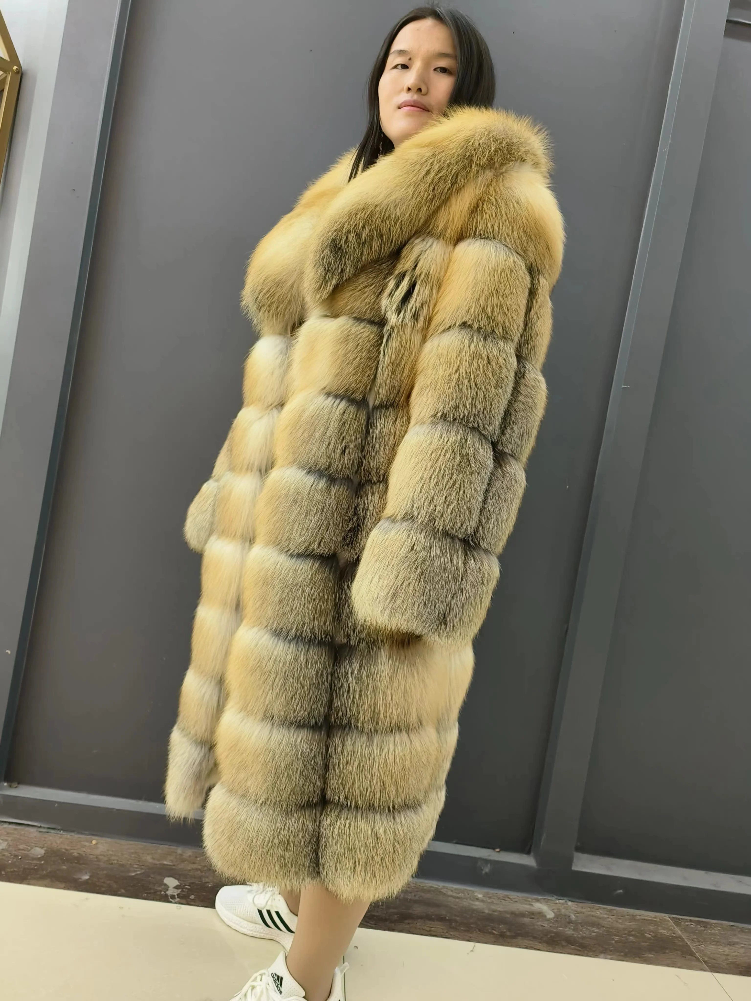 New Style Custom Gold Island Fox Fur Women Coat Wholesale Natural Red Fox Fur Coat With Big Fur Collar