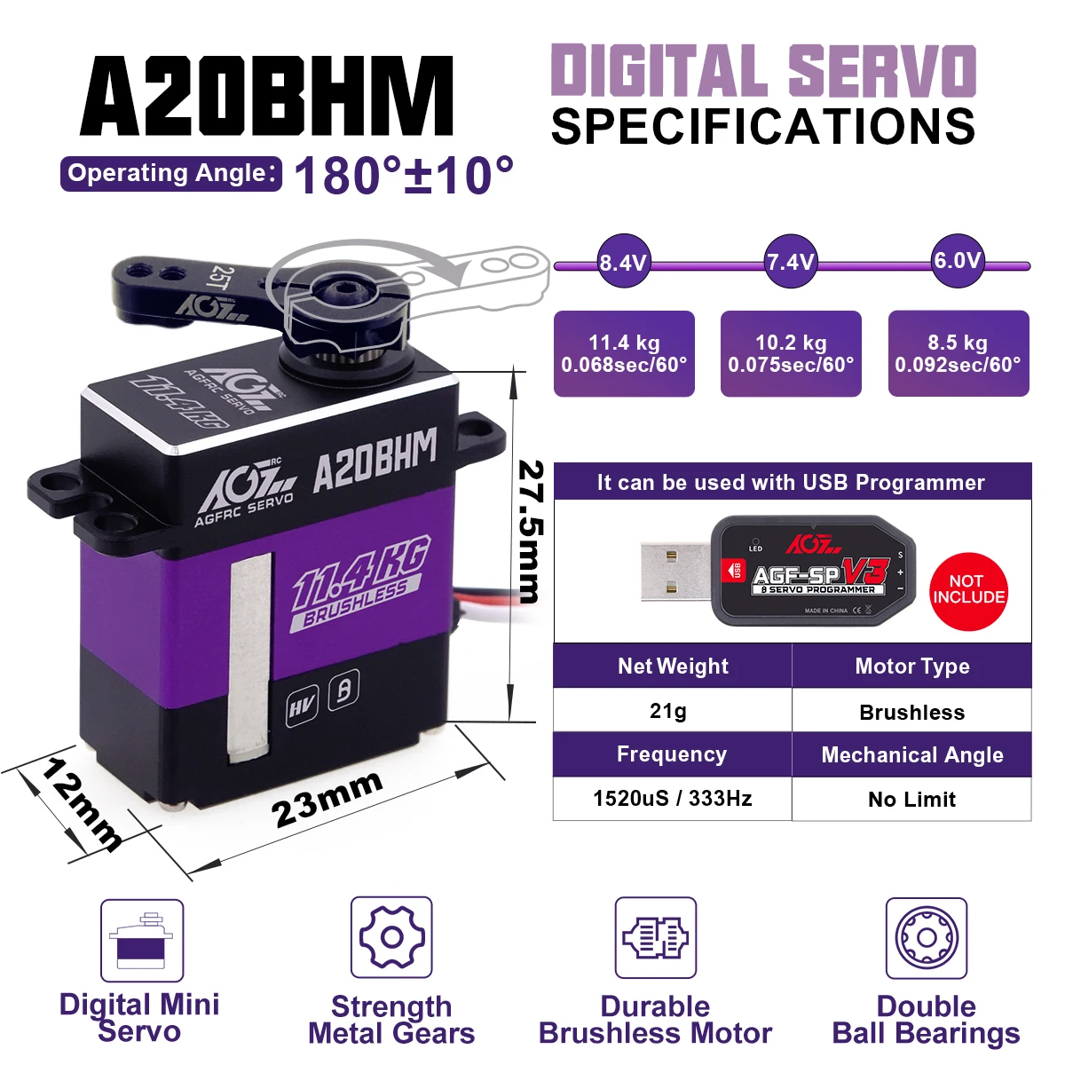 AGFRC CNC Small Servo Motor 0.068sec 11.4KG-CM Torque Programmable Brushless 25T Mini Servo For RC Cars 1/24th 4WD